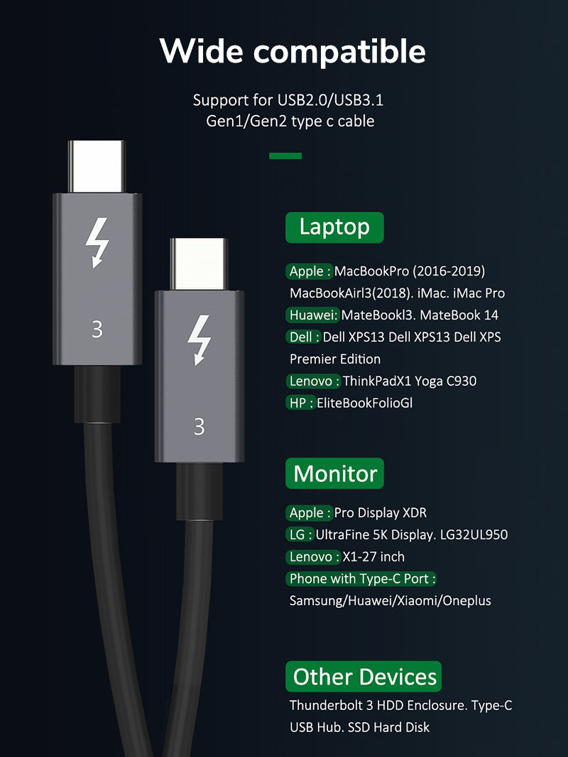 High Speed Thunderbolt 3 Cable 40gbps 100W 2m 1m